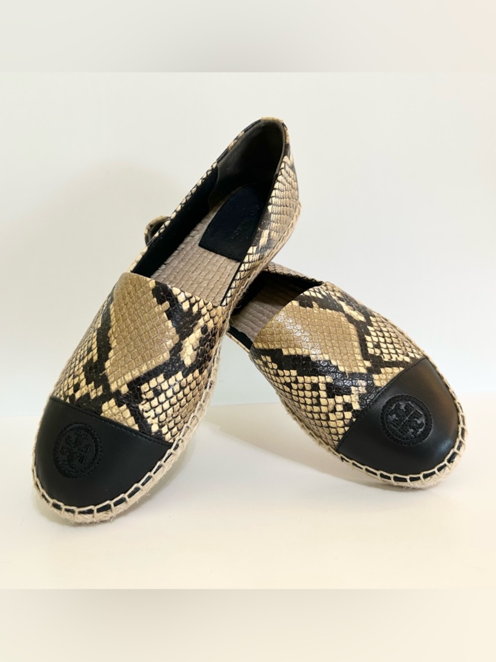 Tory Burch Luxury Flats Color Block Espadrilles Black and Tan Snake Print Size 8